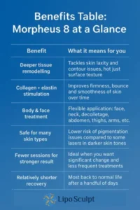 How Often Can I have Morpheus 8? 3 Table showing the benefits of Morpheus 8 treatment from Lipo Sculpt Avonmouth